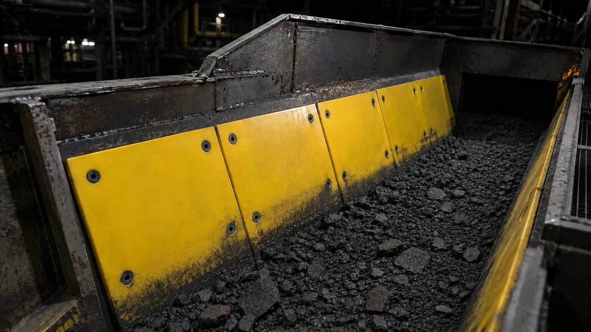 Bolt-in urethane liner panels lining an abrasive material chute