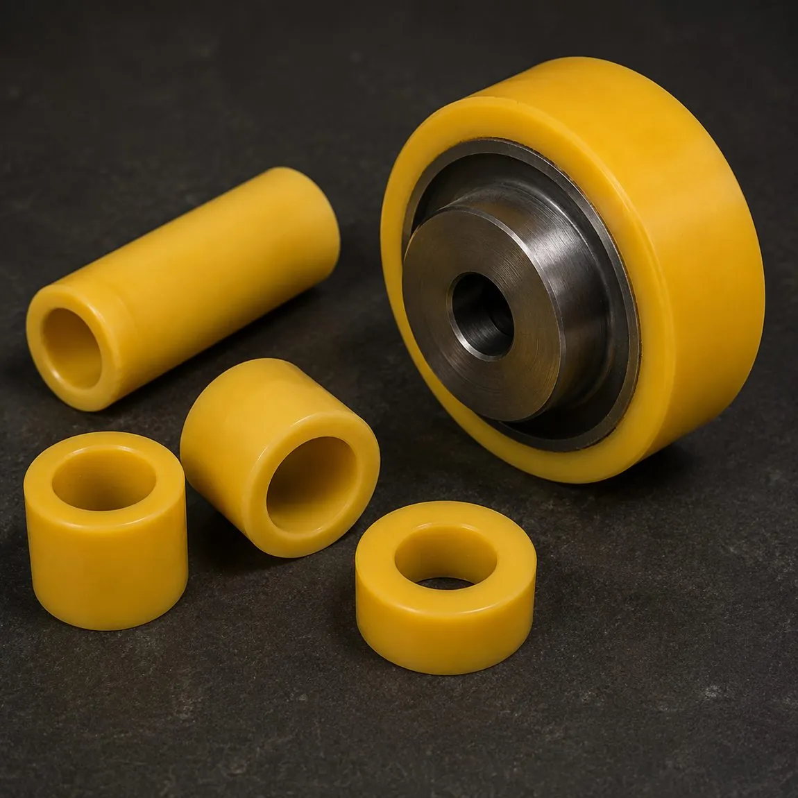 Cast urethane bushings, mounts, and a load wheel with steel bearing