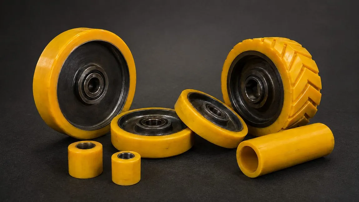 Cast urethane load wheels, a treaded drive tire, roller cover, and bushings