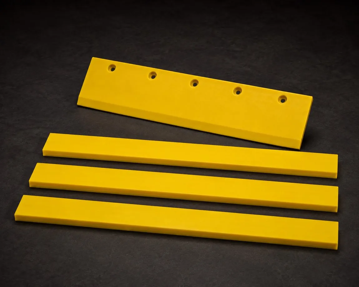 Safety-yellow cast urethane conveyor skirtboard strips and a deflector edge