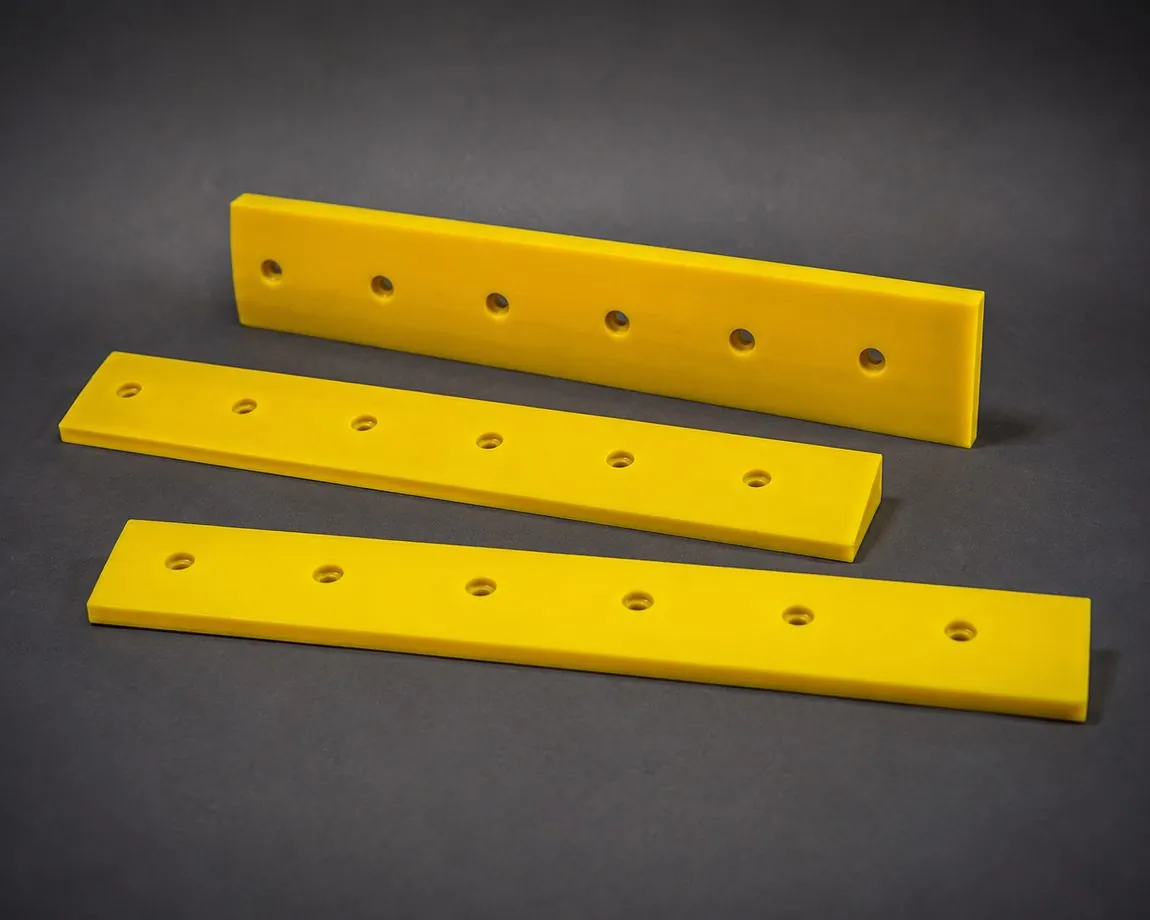 Safety-yellow cast urethane scraper and squeegee blades with beveled edge and bolt holes