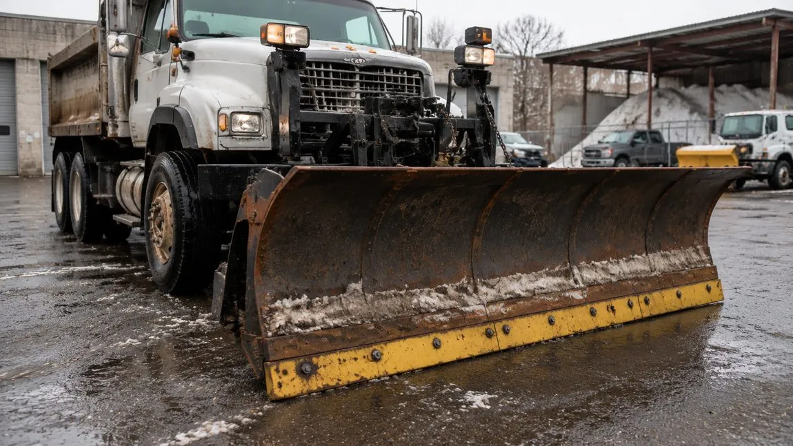 Urethane snow-plow cutting edge bolted to a municipal plow blade